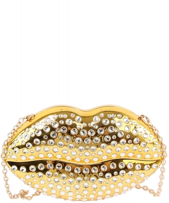 Rhinestone Metallic Lips Clutch Crossbody Bag LGZ101 GOLD